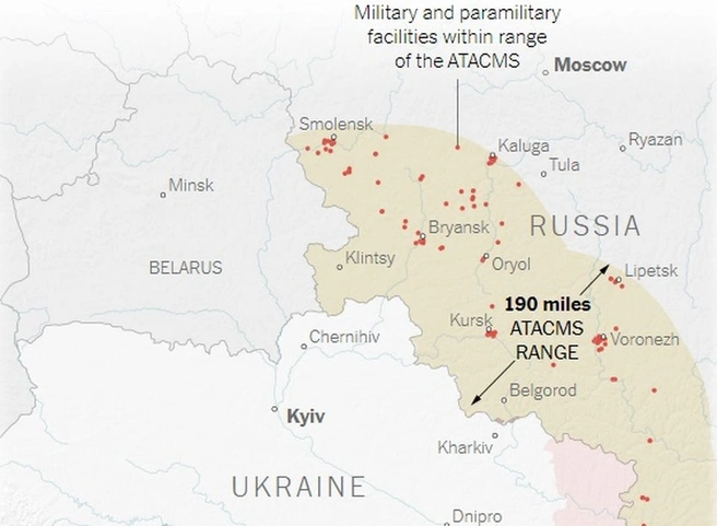 NYT опубликовала карту поражения территории РФ ракетами ATACMS, Рязань – вне этой зоны | ya62.ru