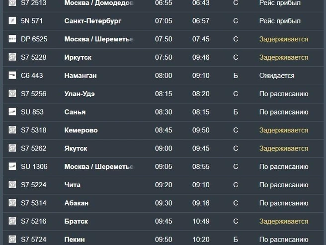 Онлайн-табло аэропорта Толмачево прогнозирует задержку 13 рейсов.