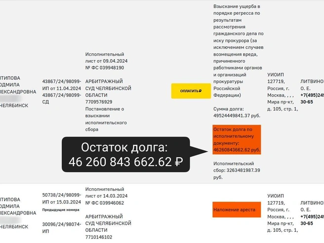 Сумма задолженности Людмилы Антиповой достигает астрономических значений. | Источник: Fssp.gov.ru