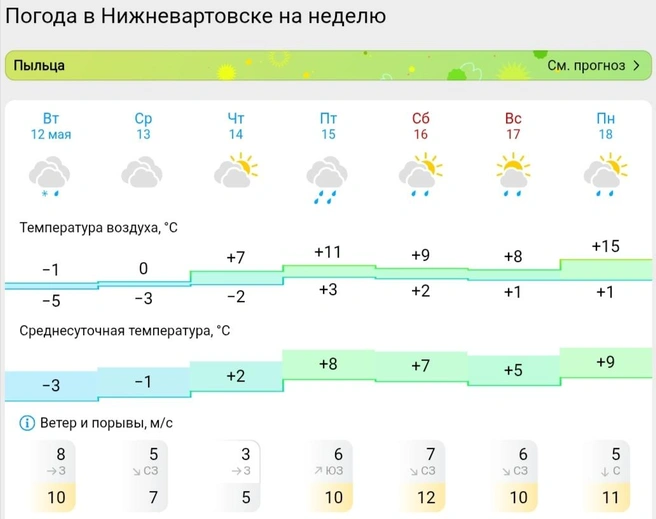 Прогноз погоды в Нижневартовске  | Источник: Gismeteo 