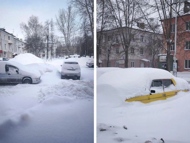 Автомобили почти полностью ушли в снежные заносы. | Источник: читатели НГС