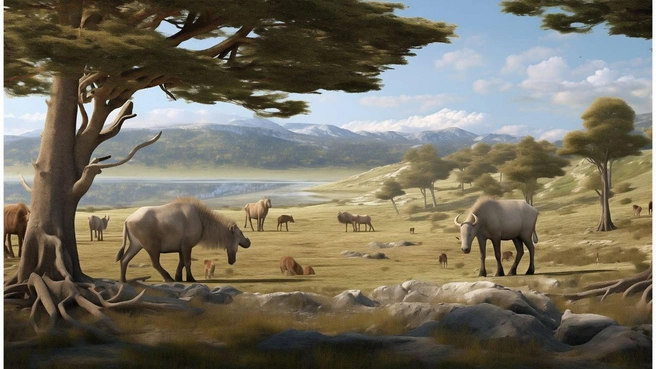 Мечта Никиты Зимова наглядно. Глобальное потепление замедляется. На всей территории парка процветает луговая система, стада копытных животных увеличивают популяцию. Разрастаются пастбища с зерновыми и злаковыми культурами. Парк — олицетворение территории, которая изменила будущее на сотни лет вперед. На картинке нейросеть изобразила 2093 год | Источник: Плейстоценовый парк / t.me