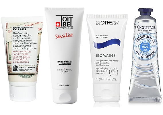 Korres Крем для рук с миндальным маслом и календулой, ToitBel Крем для рук Edelweiss, BIOTHERM Крем для рук Biomains,  L’Occitane Крем-суфле для рук Карите