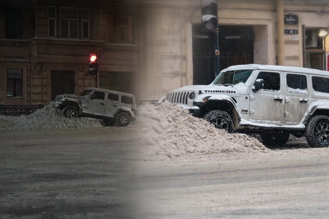 Царь горы. На Марата белый Jeep весь день охраняет кучу снега | Источник: читатель «Фонтанки»