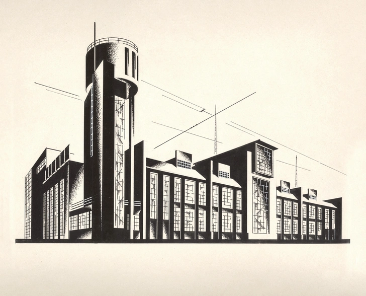 Я. Чернихов. «Канатный цех N-го завода(1 вариант). Архитектурная фантазия № 329» из цикла «Конструкция архитектурных и машинных форм», 1927 — 1930, Архитектурный благотворительный фонд имени Якова Чернихова | Источник: фонд имени Якова Чернихова