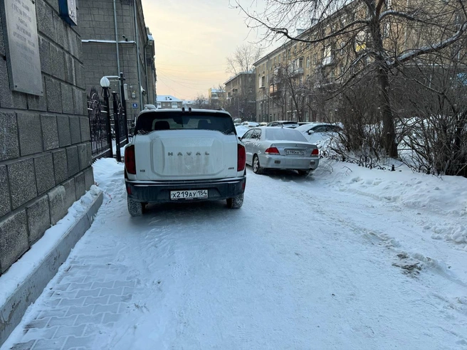 Автомобили, припаркованные на тротуаре, мешают пешеходам на улице Потанинской. | Источник: читатель НГС