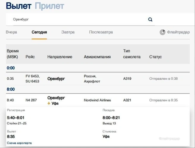 Онлайн-табло | Источник: airportufa.ru