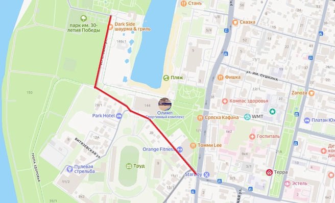 Красным выделен участок, который перекроют | Источник: «Яндекс.Карты»