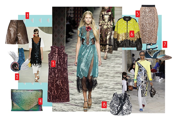 1. Шорты, MM6 Maison Margiela, 35 000 руб. 2. Брошь, Love Blood Rhetoric, poisondrop.ru, 10 500 руб. 3. Платье, DKNY, 32 500 руб. 4. Клатч, Nasty Gal, 3 760 руб. 5. Юбка, French Connection, 12 050 руб. 6. Бомбер, H&M, 6 999 руб. 7. Туфли, Chiara Ferragni, 35 700 руб. 8. Сумка, Topshop, 5 999 руб.