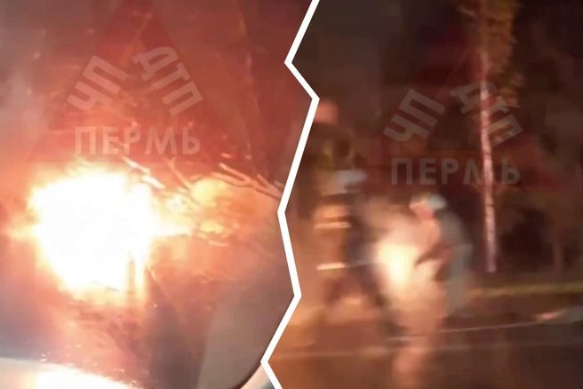 Проезжающие мимо автомобилисты видели большое зарево — машина скрылась под пламенем | Источник: ЧП ДТП Пермь / Telegram