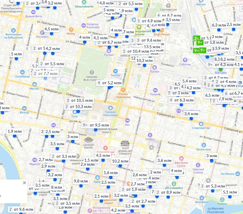 Карта с предложениями по покупке однушек и студий в центре Краснодара | Источник: krasnodar.cian.ru