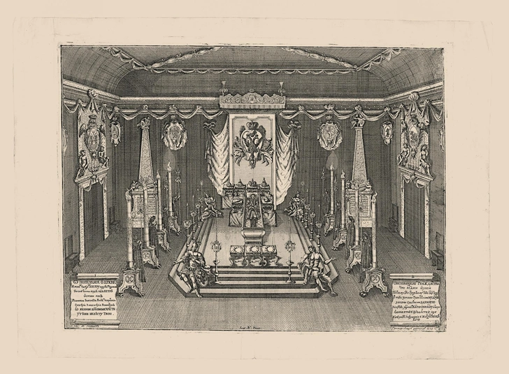 Печальная зала Петра I в Зимнем дворце. Гравюра (по рисунку Михаила Григорьевича Земцова). Алексей Иванович Ростовцев. 1725. Бумага; офорт, резец | Источник: Научно-исторический архив Санкт-Петербургского института истории РАН