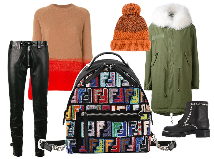Рюкзак, Fendi; брюки, Beau Souci; свитер, Etro; парка Mr & Mrs Italy; ботинки, Alexander McQueen.
