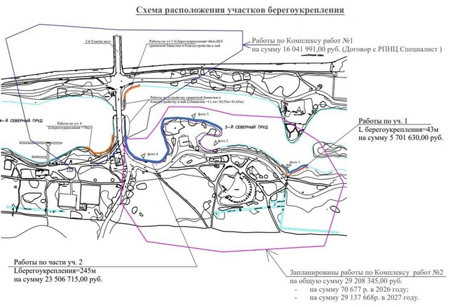 Схема участков берегоукрепления 3-го и 4-го Северного прудов на Елагином острове | Источник: ЕИС «Закупки»