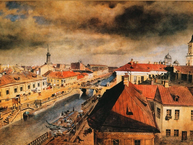 Екатерининский канал в начале 1860-х годов. Акварель Фёдора Баганца. | Источник: Wikimedia Commons