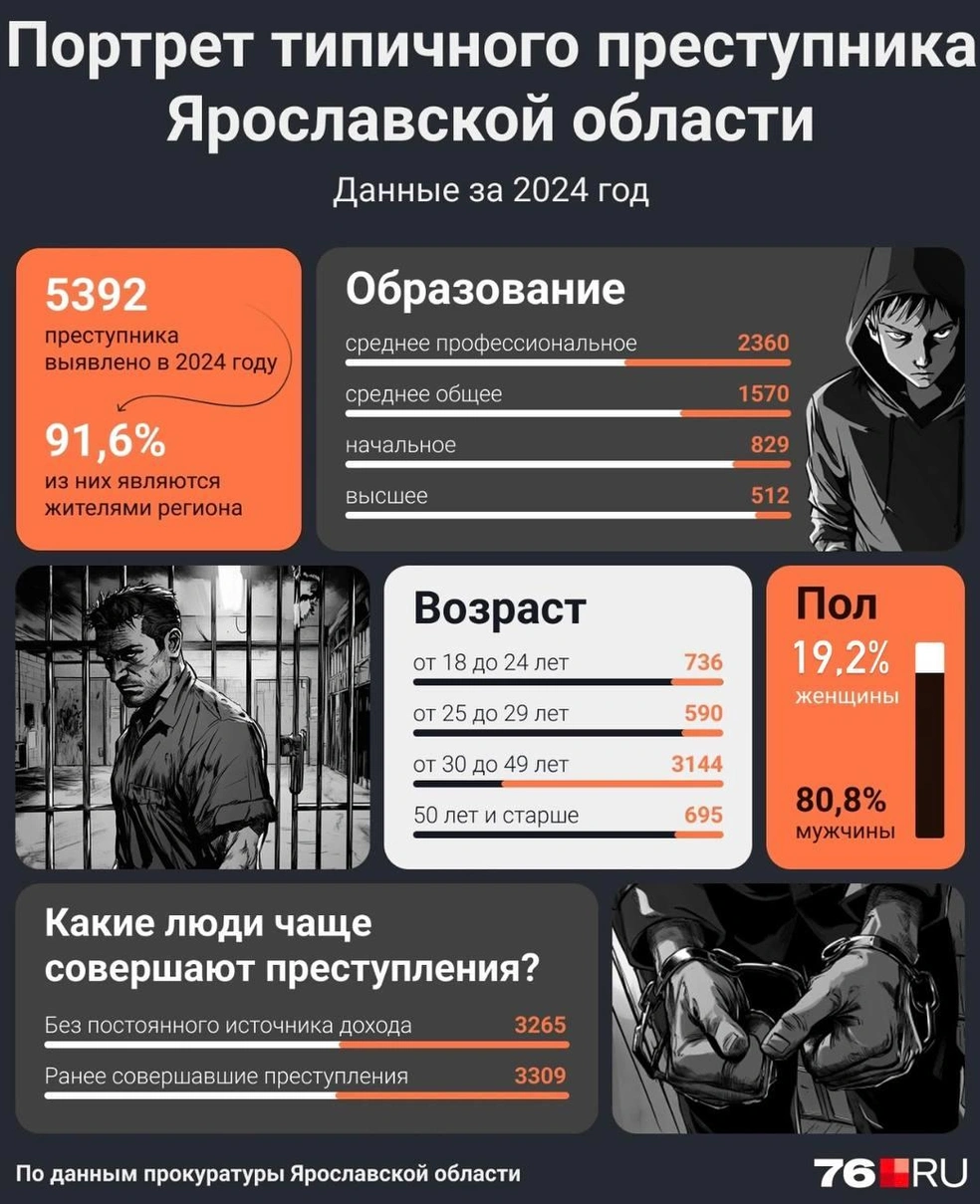 Портрет типичного преступника в Ярославской области | Источник: Мария Романова / Городские медиа