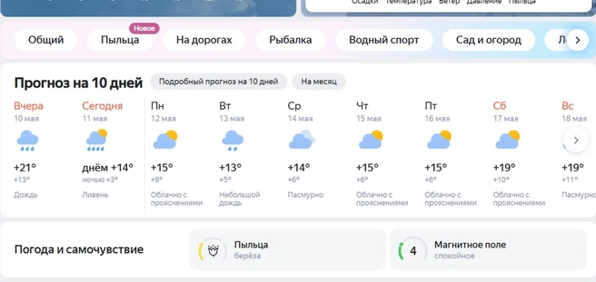 Осадки ожидаются в начале недели | Источник: yandex.ru