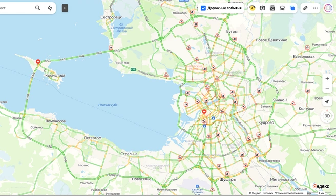 Вместе со снегом Петербургу насыпало аномальных пробок и множество ДТП | Источник: Яндекс.Карты