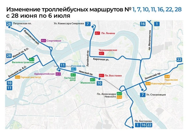 С 28 июня по 6 июля центр останется без троллейбуса № 5 | Источник: Транспорт Петербурга. Организатор перевозок