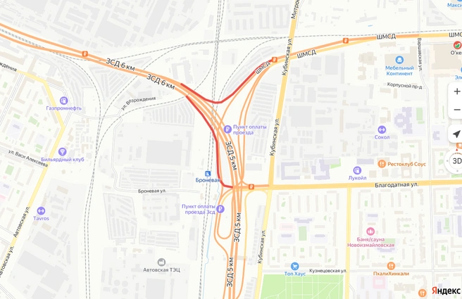 Съезды ЗСД и Витебской развязки будут закрывать по ночам | Источник: Пресс-служба «Магистрали северной столицы»