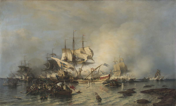Морской бой в красках: 5 деталей картины Алексея Боголюбова «Гренгамское морское сражение 27 июля 1720 года»