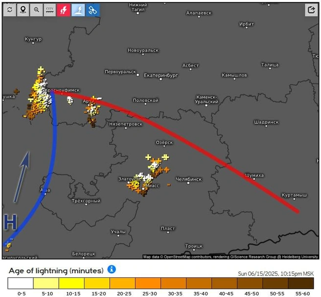 Точка смыкания фронтов была в районе Красноуфимска | Источник: t.me/weather66