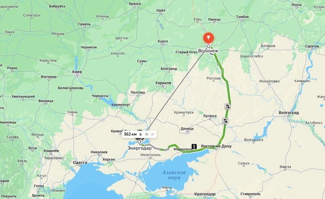 От Воронежа до Энергодара по прямой даже меньше, чем до Припяти | Источник: Ядекс.Карты / yandex.ru/maps