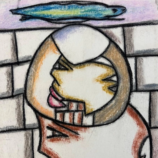 Боб (Борис) Кошелохов. «Лица с зеленой рыбой». Бумага, масляная пастель. | Источник: Arts Square Gallery