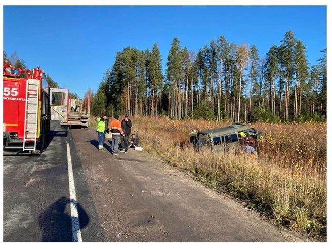 В Карелии в кювет упал микроавтобус цвета хаки с людьми в камуфляже | Источник: Телеграм-канал Главного управления МЧС России по Республике Карелии