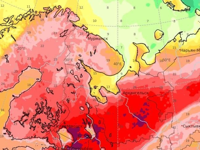 Прогностическая карта на воскресенье: фиолетовый цвет указывает на температуру +30 градусов. | Источник: телеграм-канал Александра Колесова