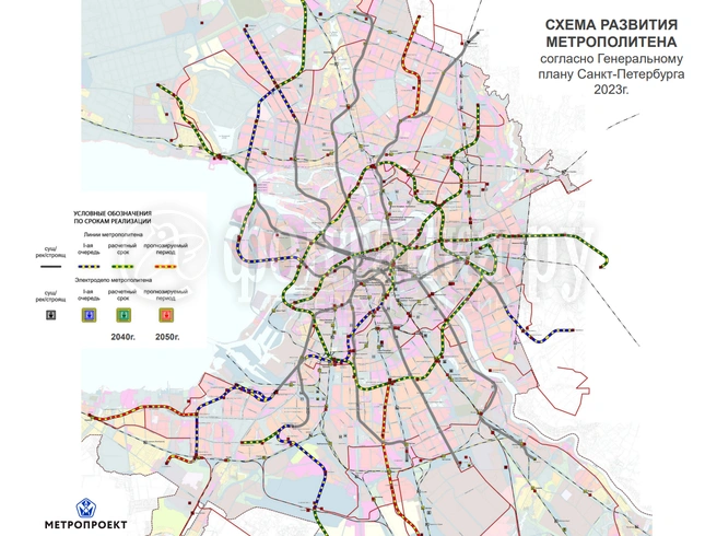 На схеме просматриваются три участка в периоде 2040–2050 годов: метро к Стрельне, петля к «Звездной» и Бугровский радиус | Источник: Доклад «Метропроекта» на конференции «Тоннели и метрополитены будущего: первые 100 лет»