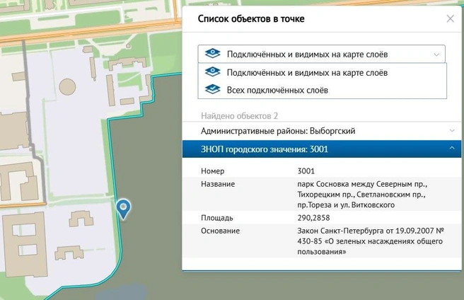 По картам видно, что вдоль парка проходит линия зелени, которая не входит в его границы | Источник: Региональная геоинформационная система Санкт-Петербурга