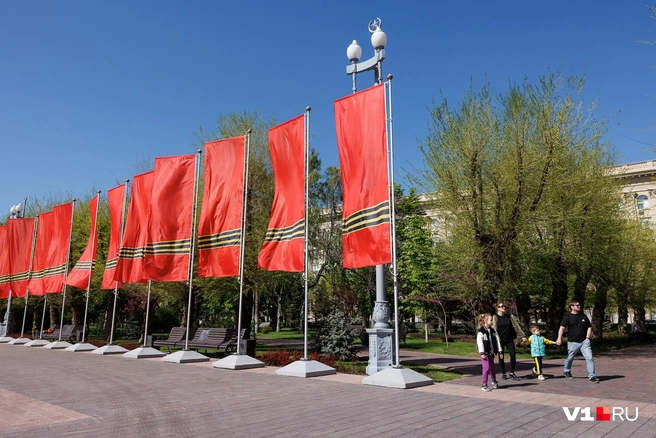 Подставки под знамена выкрашены в мышиный серый. Под цвет новодельных фонарных столбов Аллеи Героев | Источник: Алексей Волхонский / V1.RU