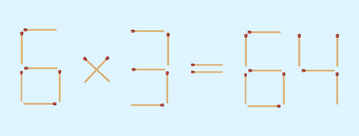 6х3 никак не может быть равно 64: переместите 1 спичку, чтобы равенство стало верным