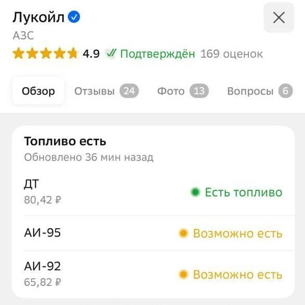 А вот 2ГИС был осторожнее и напротив АИ-92, АИ-95 горело: «Возможно есть» | Источник: 2ГИС