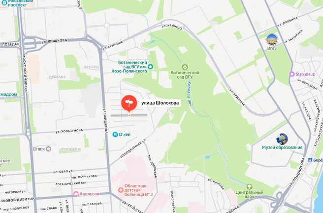 Улица Шолохова на карте Воронежа | Источник: Яндекс Карты / yandex.ru/maps