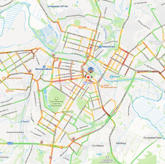 Дорожная обстановка в Туле на 9:07 | Источник: yandex.ru/maps