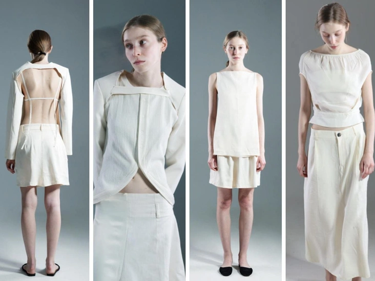 Капсула MAAG PeaceАнжелика МухаммедоваКогда мы говорим про апсайкл, первое, что приходит в голову — сшитая из множества кусочков одежда, сочетание ярких цветов. Мне хотелось избежать прямой ассоциации, взглянуть на процесс по-новому — к каждому предмету одежды я отношусь как к музейному экспонату. За основу беру сменные рукава, шемизетки, воротники и карманы на завязках — так я решаю нехватку одного типа ткани, а также избавляюсь от большого количества обрезков, разумно используя все остатки.