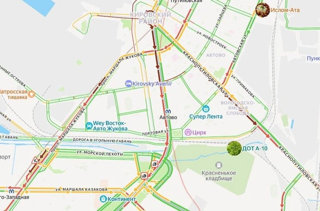 В шестом часу вечера на проспекте Стачек фиксировали пробку протяжённостью в два километра | Источник: «Яндекс.Карты»