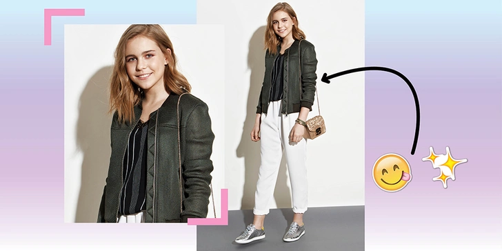 Бомбер, Topshop, 6490 руб.; топ, Mango, 2499 руб.; брюки, Incity, 1599 руб.; кеды, Ecco, 7990 руб.; браслет, Lady Collection, 490 руб.; сумка, Furla, 28 500 руб. | Источник: Павел Крюков