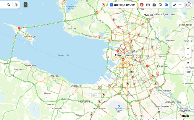 Петербург встал в 8-балльных пробках, не дожидаясь часа пик | Источник: «Яндекс. Карты»