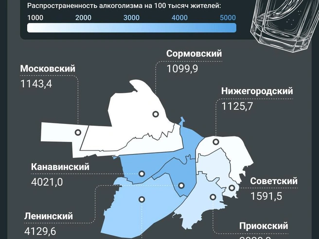 Районы с наибольшим потреблением алкоголя в Нижнем Новгороде | Источник: Городские медиа