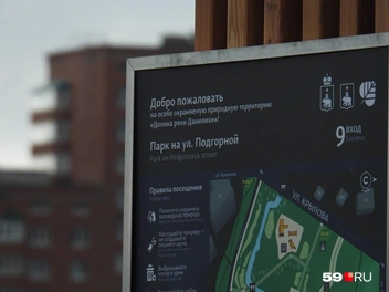 На табличке рассказывается о парке по соседству | Источник: Кирилл Хафизов / 59.RU