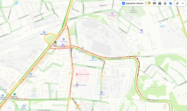 Выехать из Фрунзенского района в центр этим утром проблематично | Источник: Яндекс.Карты