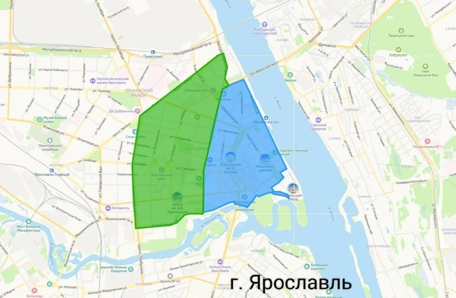 Зона платной парковки в Ярославле обозначена синим цветом, бесплатной&nbsp;— зеленым | Источник: Михаил Евраев / Telegram