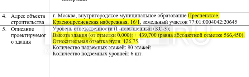 Какой будет высота новой башни RWB в Москва-Сити | Источник: zakupki.gov.ru