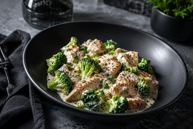 Курица с брокколи получается сочной и приобретает насыщенный вкус благодаря сливочному соусу | Источник: GPT