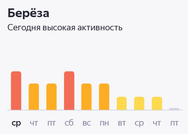 Пик цветения спадет только на следующей неделе | Источник: «Яндекс. Погода»