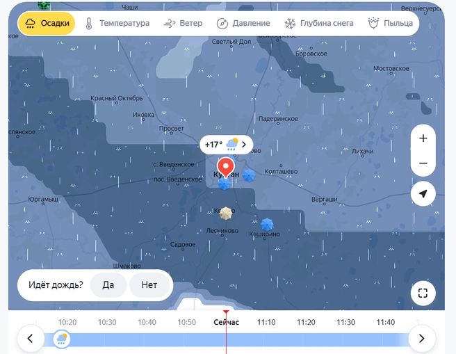 Осадки в Кургане на 11 часов дня  | Источник: yandex.ru/pogoda/ru/kurgan