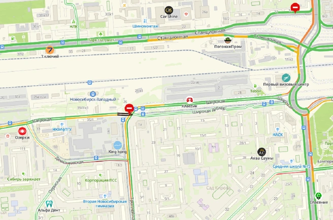 Ограничения коснулись пересечения с улицей Троллейной в направлении железнодорожной станции «Новосибирск — Западный» | Источник: 2ГИС